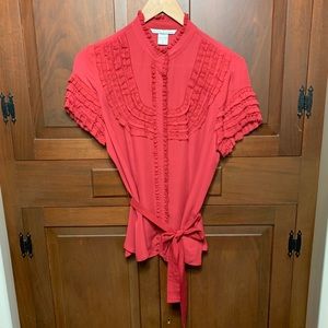 Peter Nygard red silk button belted ruffle shirt 6